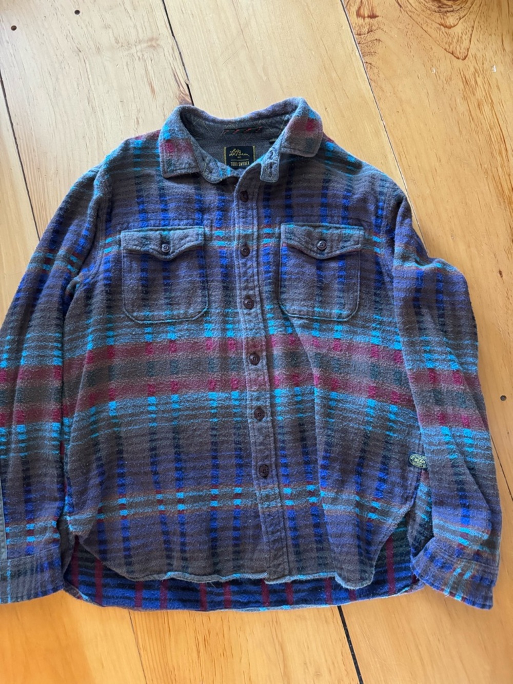 L.L. Bean Brown Plaid Wool Jacket with Blue & Red Accents